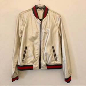 Gucci style bomber jacket gold w/ green + red trim
